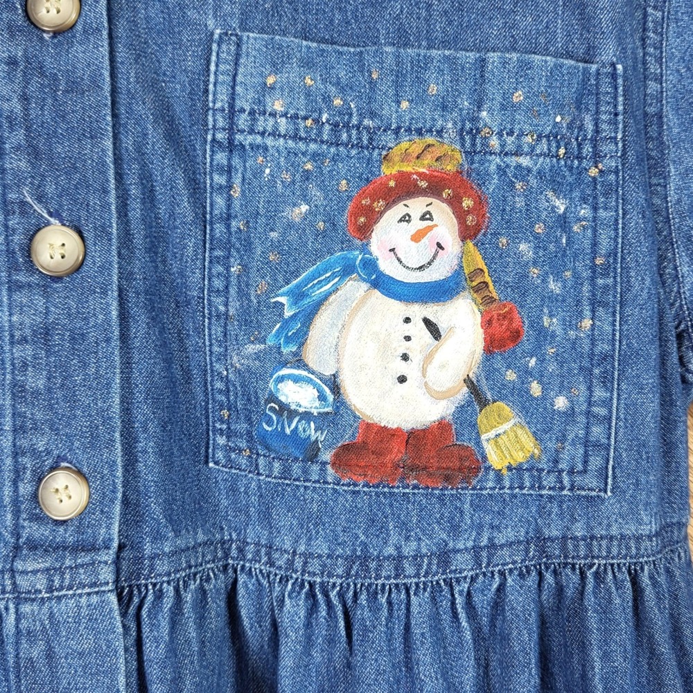 Moda International Denim Vintage Dress Womens Size 10 Blue Snowman Christmas USA - Picture 4 of 8